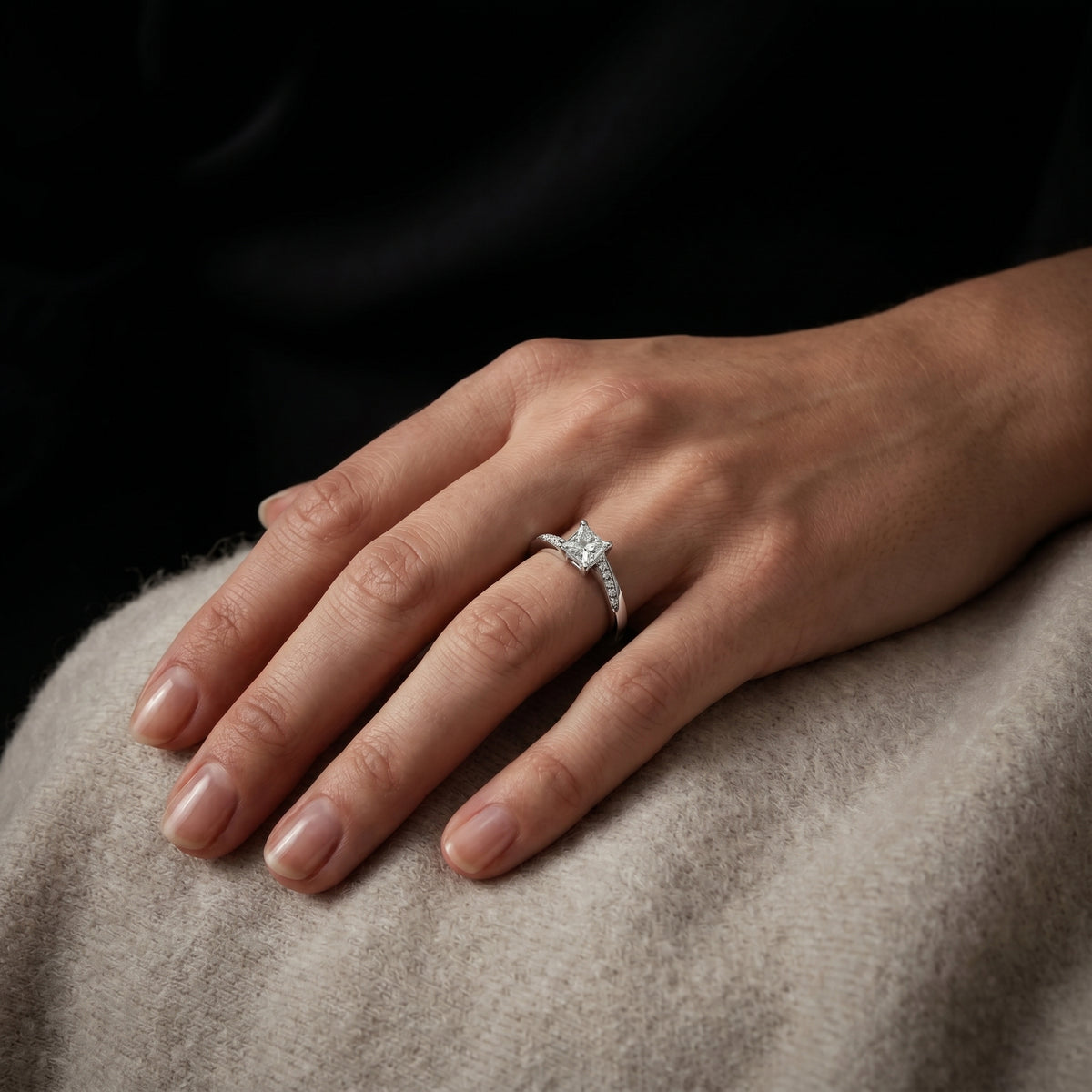 Kite Princess Cut Engagement Ring with Bypass Shank and Side Accents