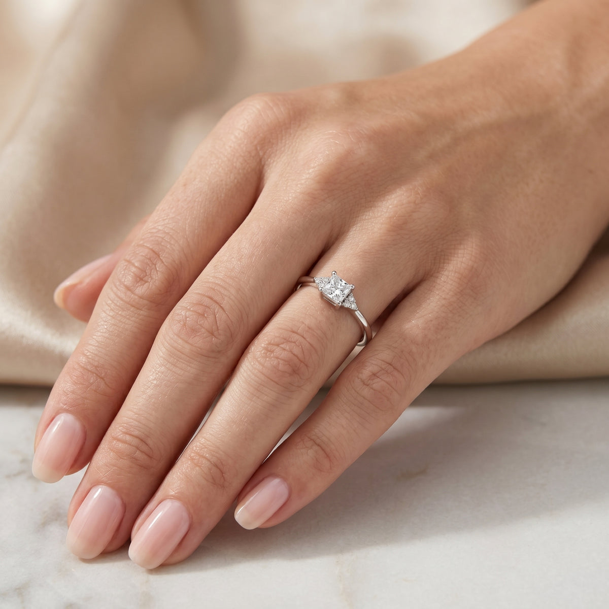 Princess Cut Engagement Ring with Side Cluster Accents