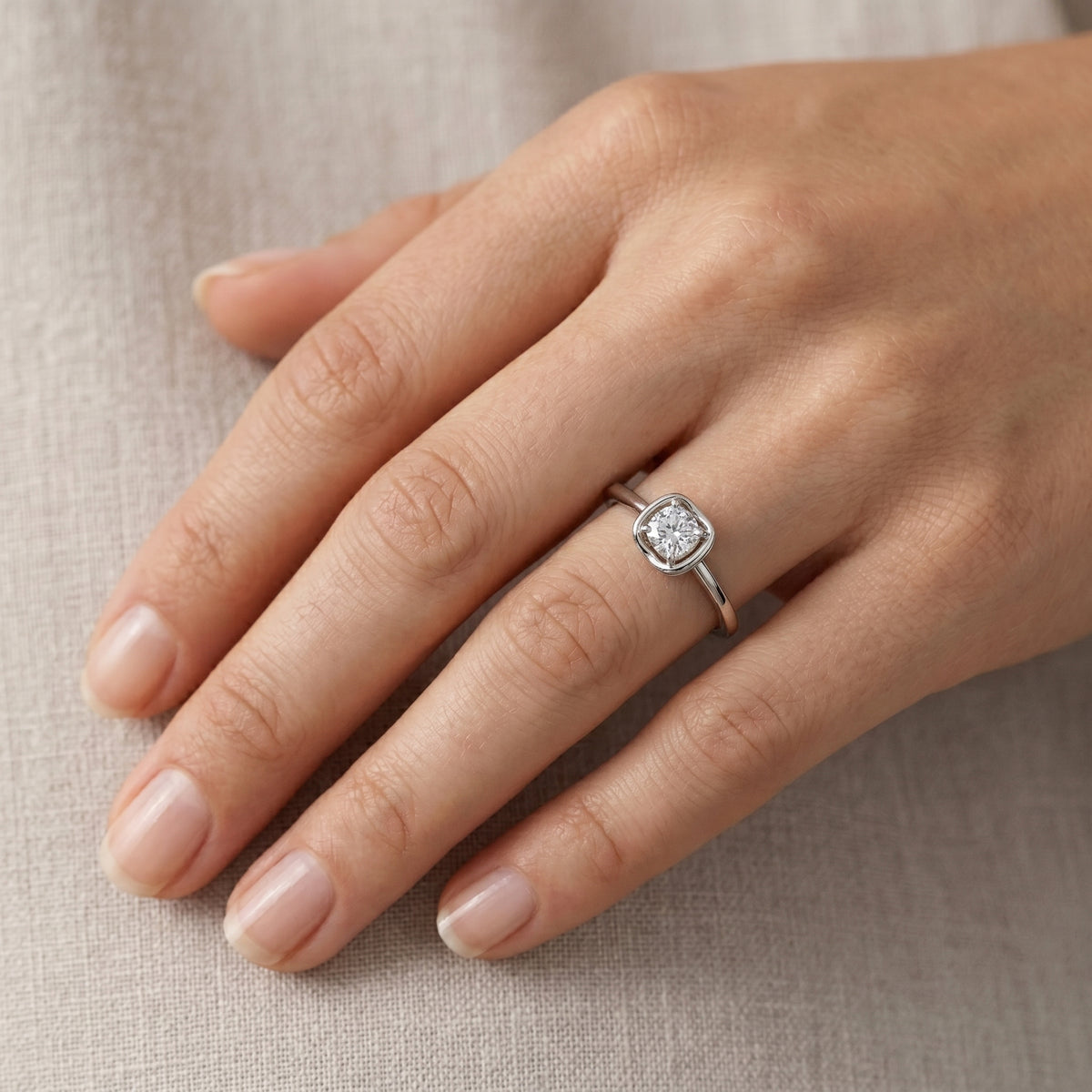 Cushion Cut Half Bezel Solitaire Engagement Ring