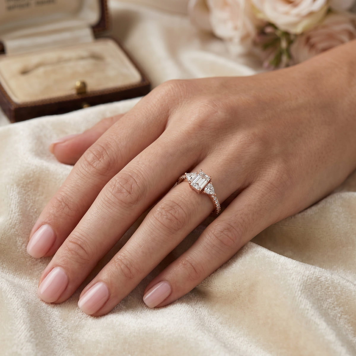 Emerald Cut Three Stone Engagement Ring with Trillion Sides and Pavé Band — lifestyle