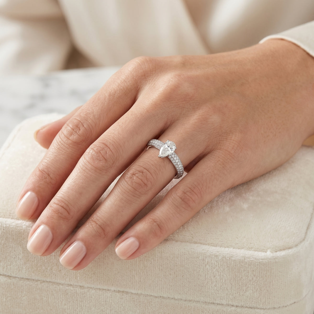 Pear Diamond Engagement Ring with Multi-Row Pavé Band — lifestyle