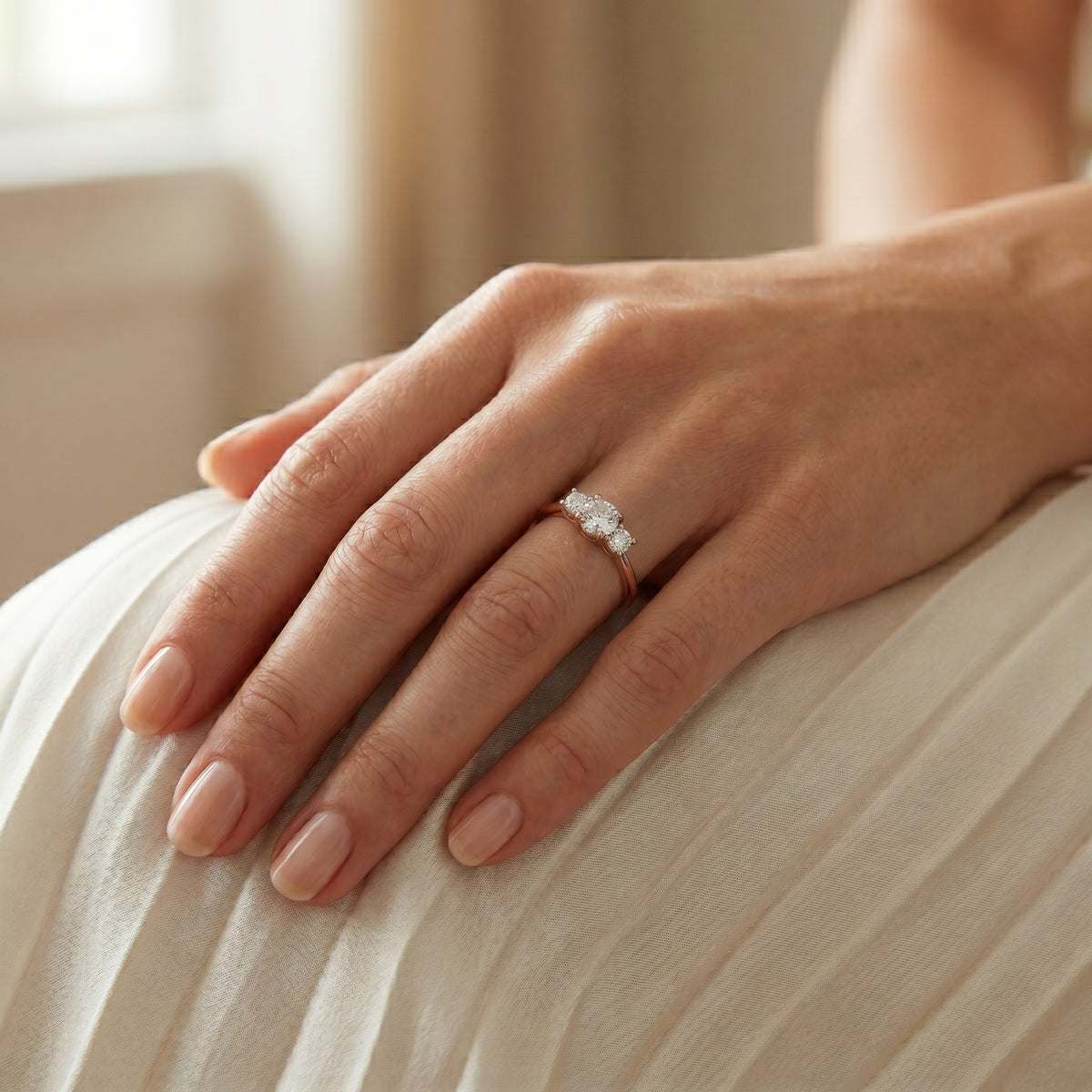 Round Diamond Three Stone Engagement Ring — lifestyle