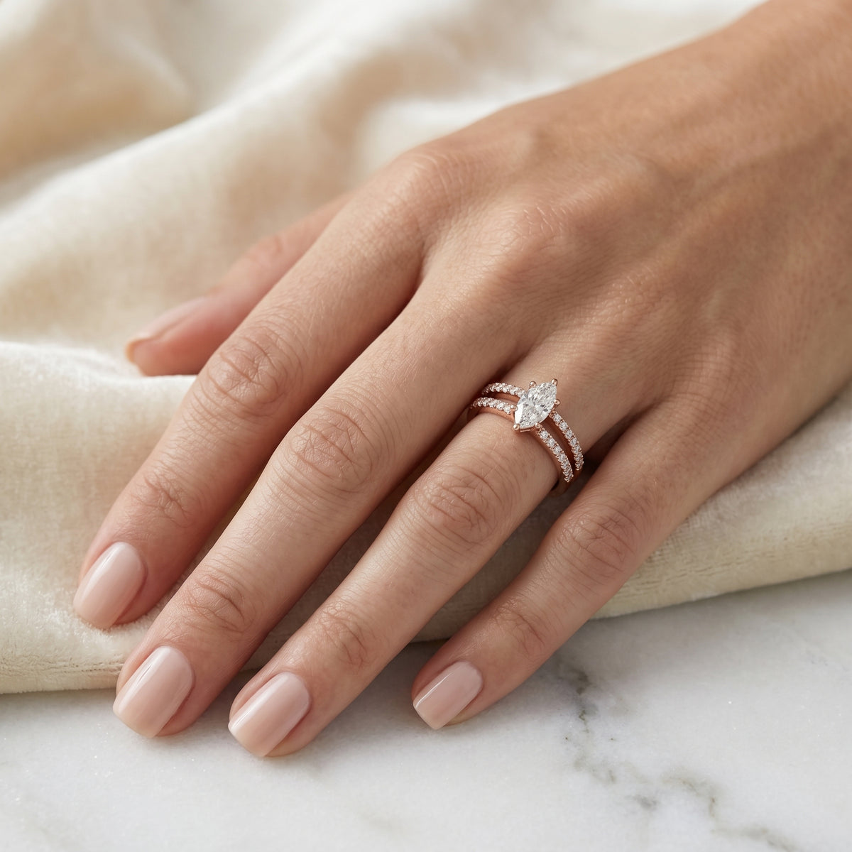 Marquise Cut Engagement Ring with Channel Set Split Shank Band — lifestyle