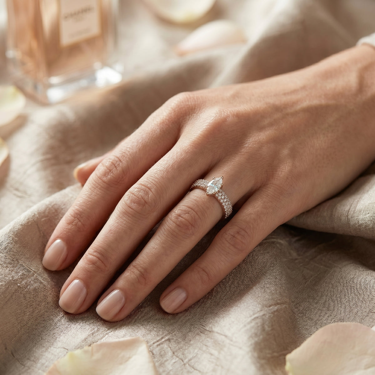 Marquise Cut Engagement Ring with Double Pavé Band — lifestyle