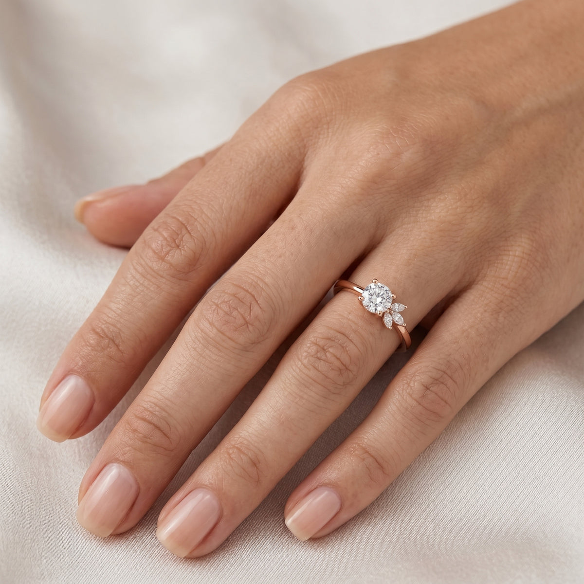 Round Diamond Engagement Ring with Side Marquise Cluster Accents — lifestyle