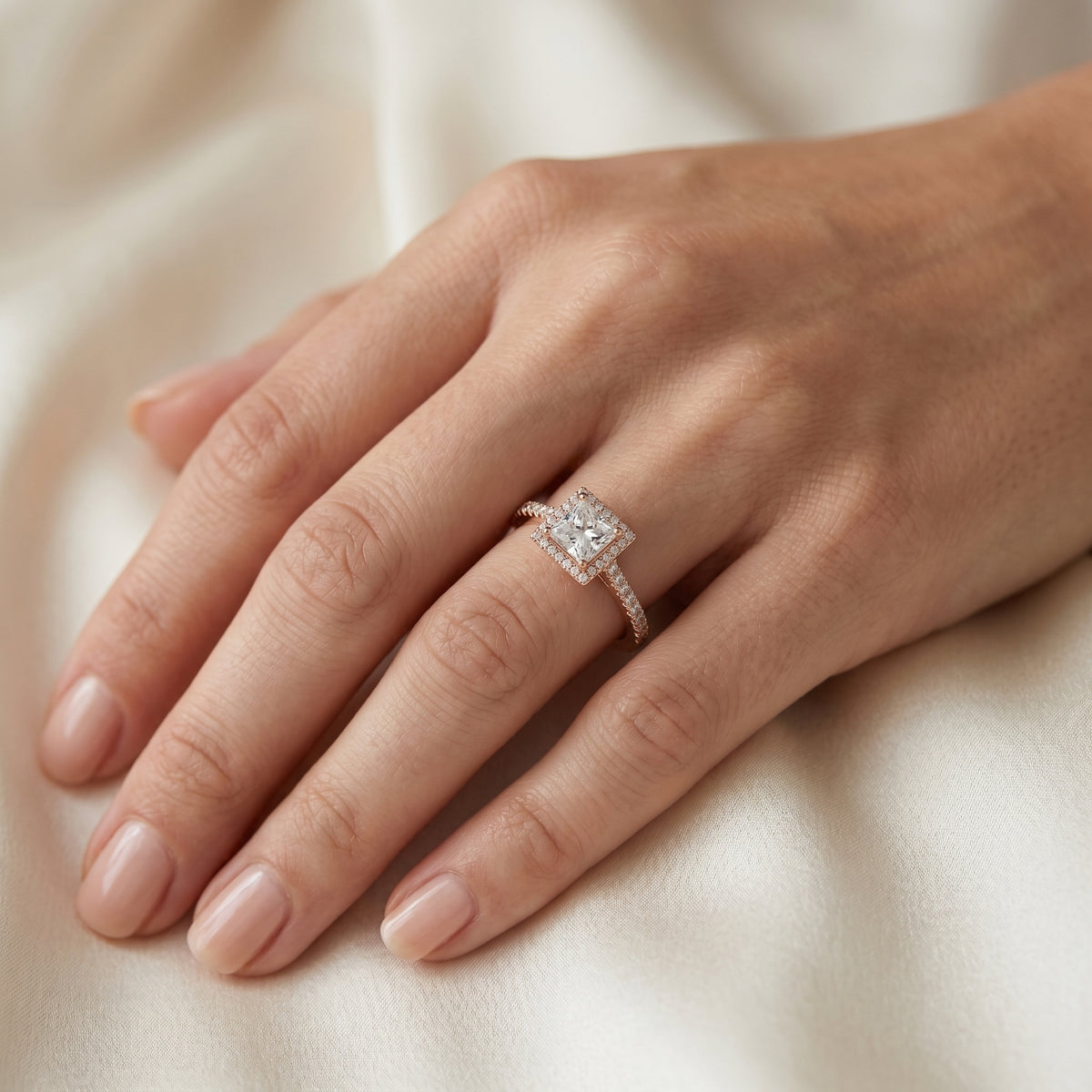 Princess Cut Halo Engagement Ring with Pavé Band — lifestyle