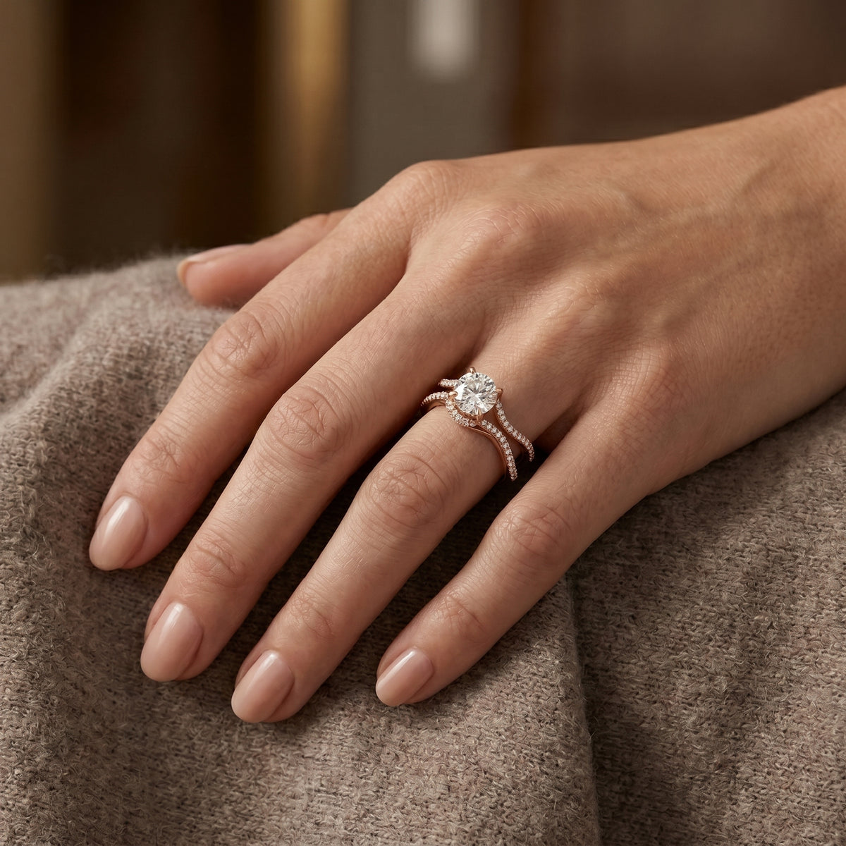Round Diamond Halo Engagement Ring with Crossover Pavé Band — lifestyle