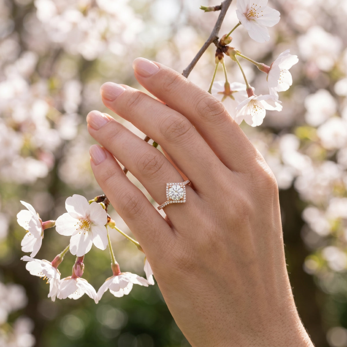 Round Diamond Kite Halo Engagement Ring with Twisted Pavé Band — lifestyle