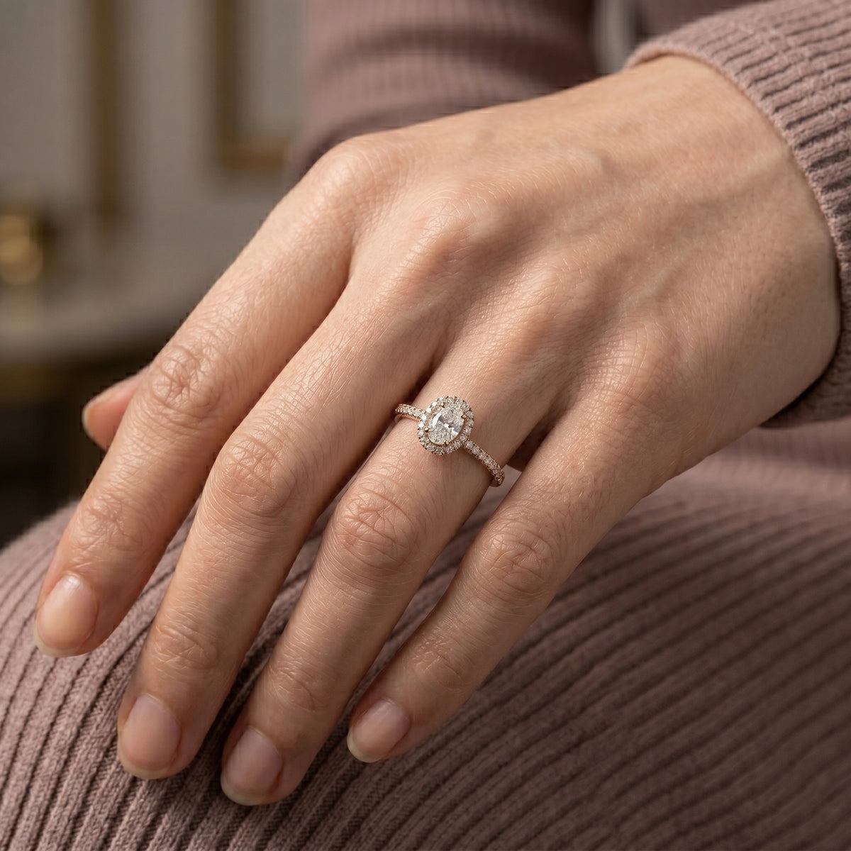 Oval Diamond Engagement Ring with Pavé Band — lifestyle