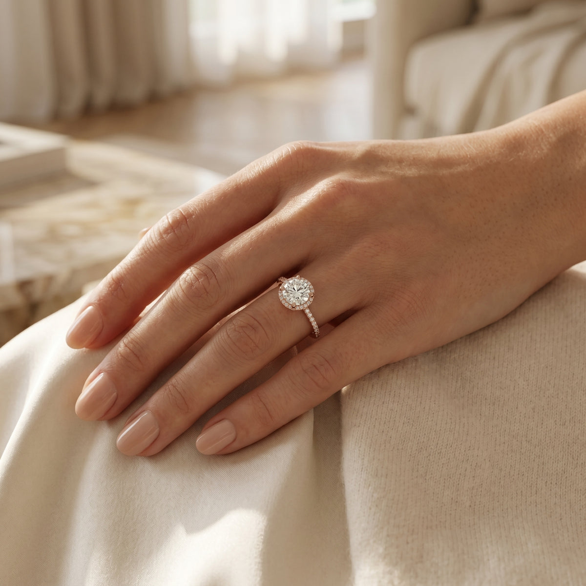 Round Diamond Halo Engagement Ring with Pavé Wrap Band — lifestyle