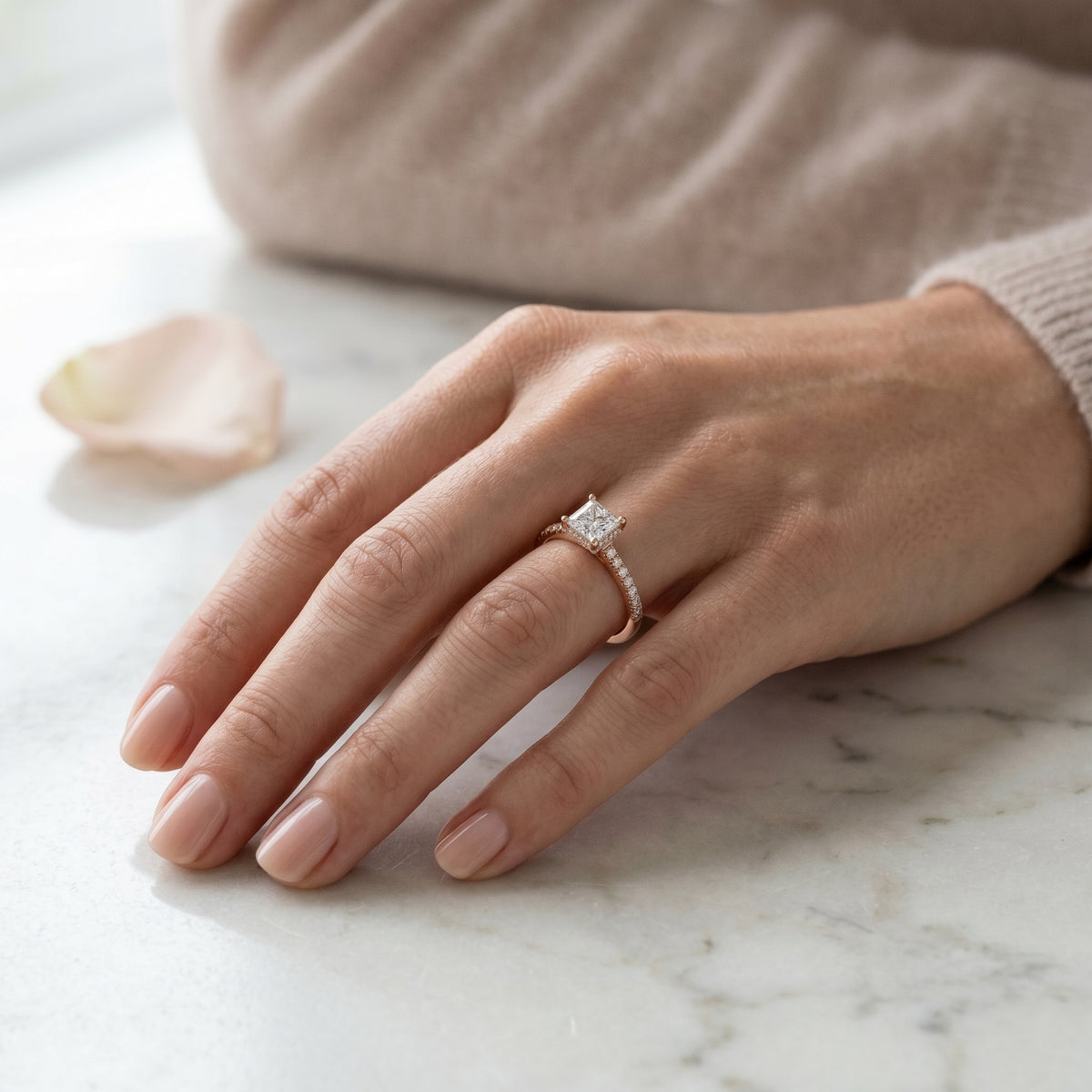 Princess Cut Engagement Ring with Pavé Band — lifestyle