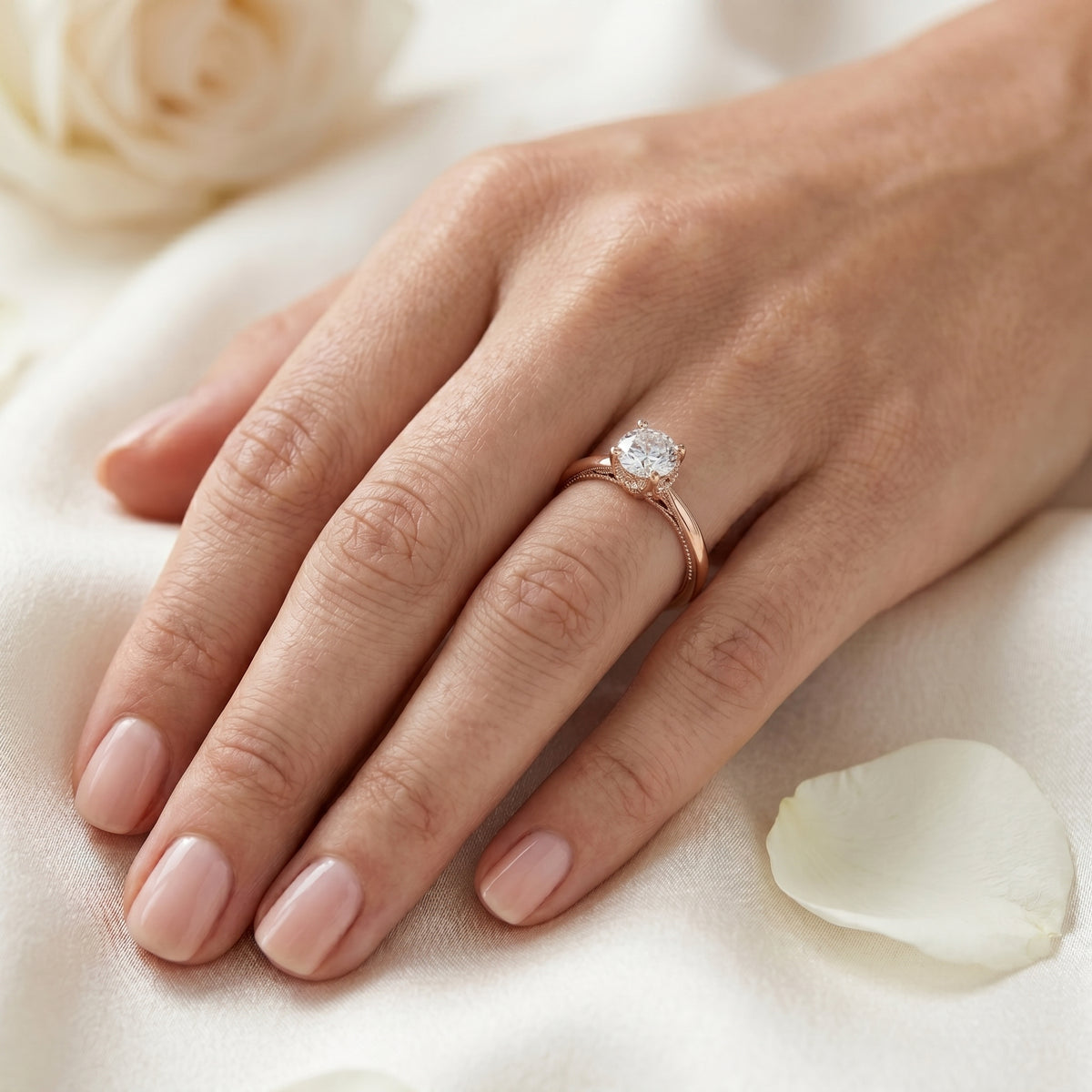 Round Diamond Solitaire Engagement Ring with Vintage Milgrain Band — lifestyle