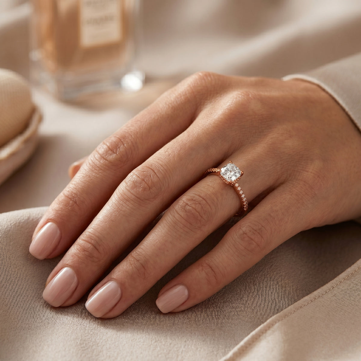 Cushion Cut Engagement Ring with Pavé Band — lifestyle