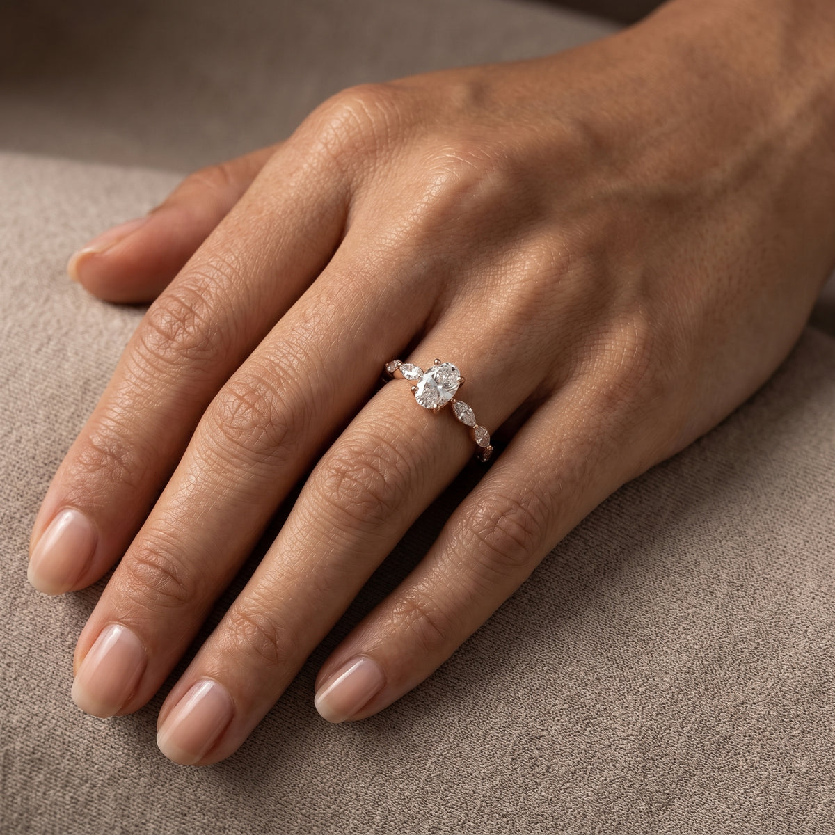 Oval Diamond Engagement Ring with Marquise Side Accents