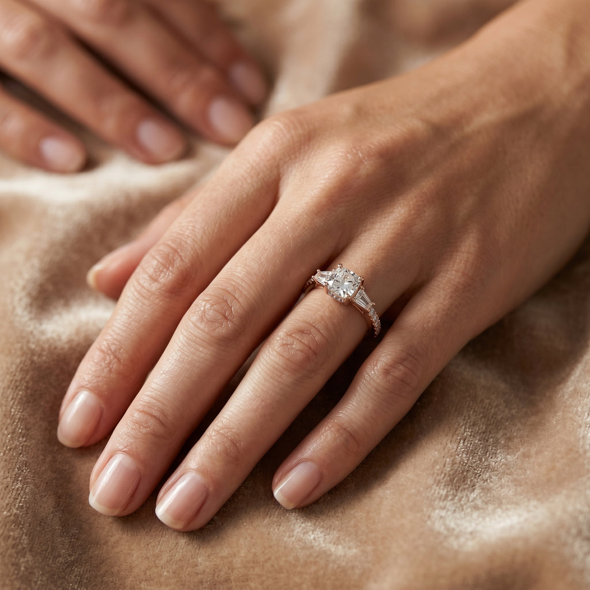 Cushion Cut Three Stone Halo Engagement Ring with Baguette Sides and Pavé Band — lifestyle