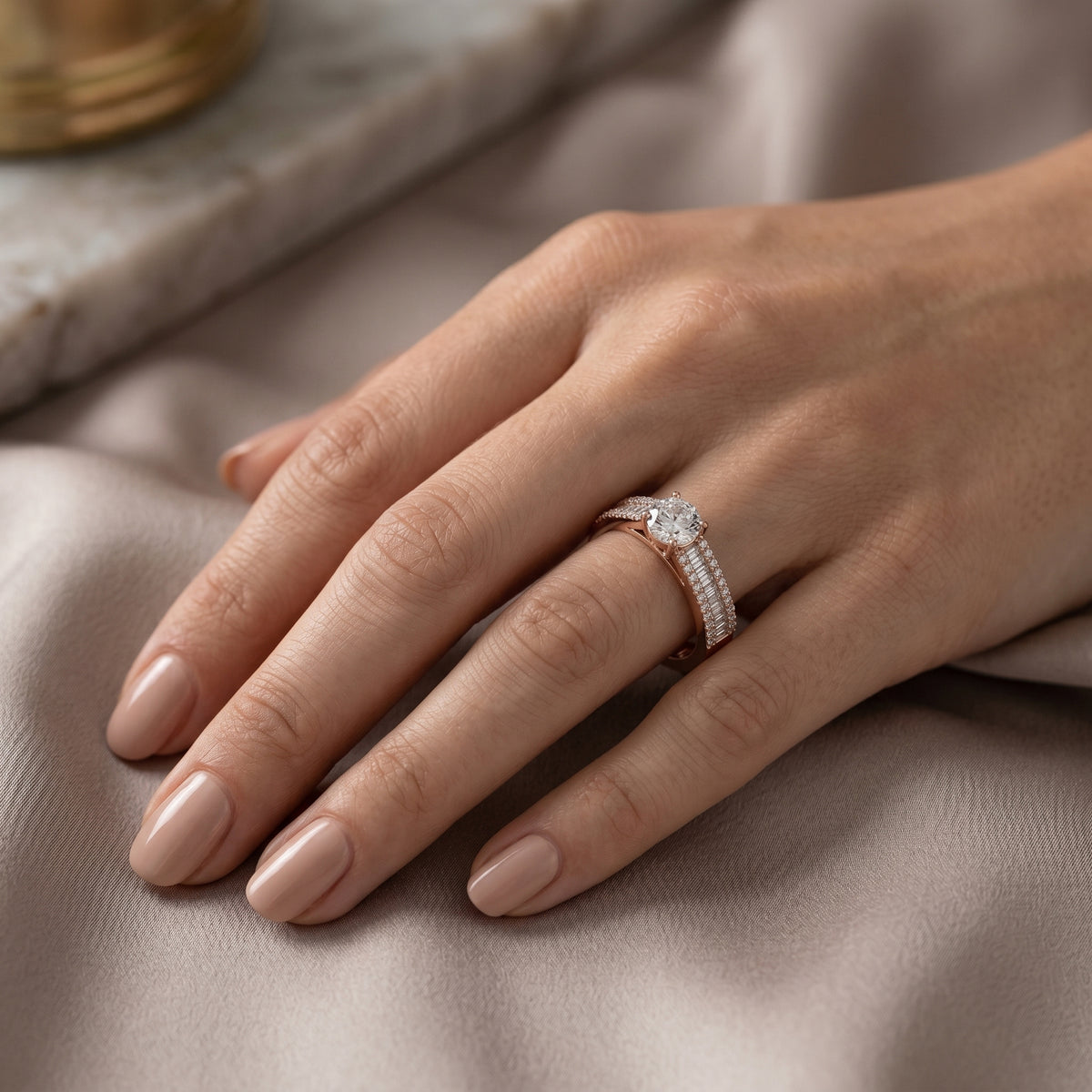 Round Diamond Engagement Ring with Double Row Baguette Pavé Band — lifestyle