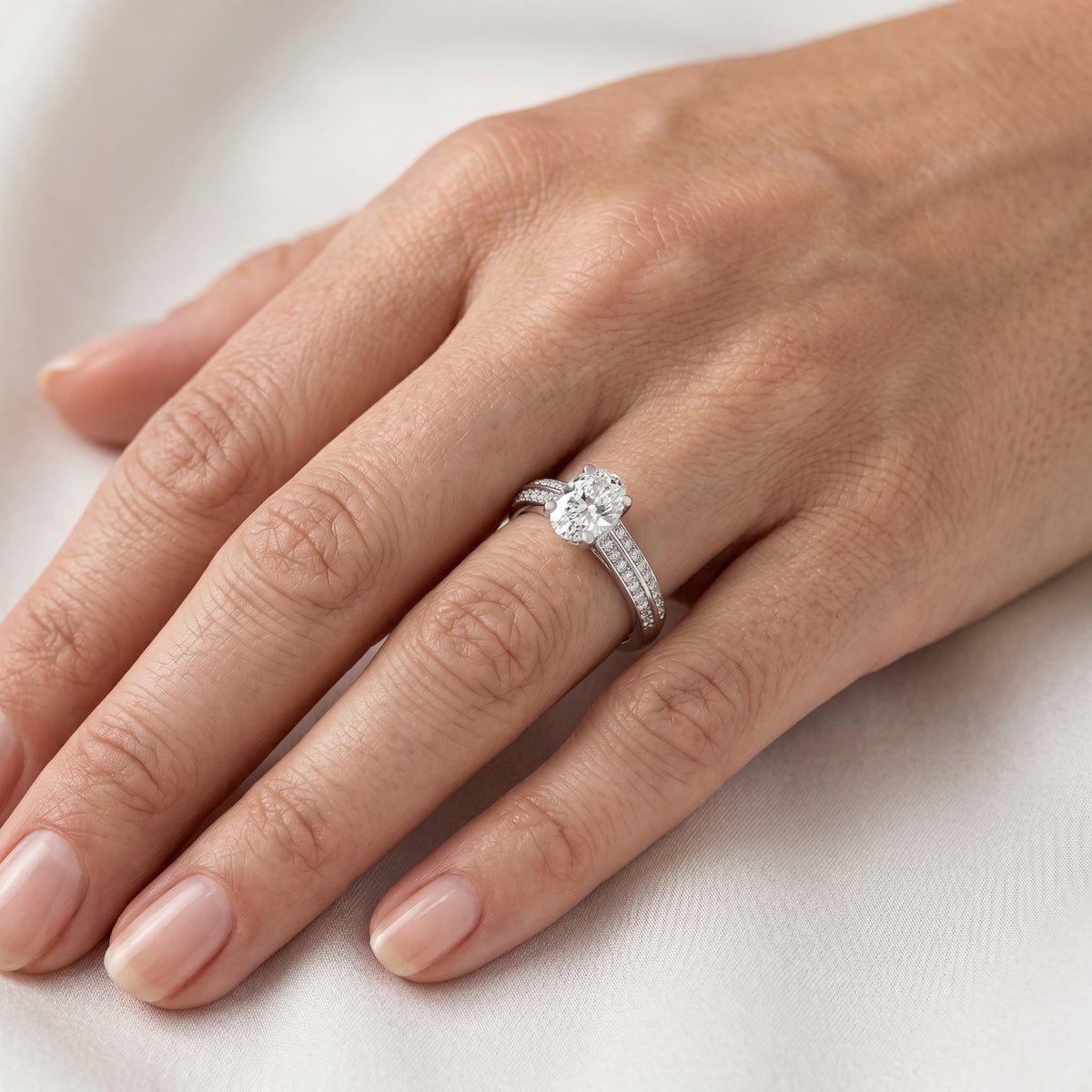 Oval Diamond Engagement Ring with Double Band Split Shank Pavé — lifestyle