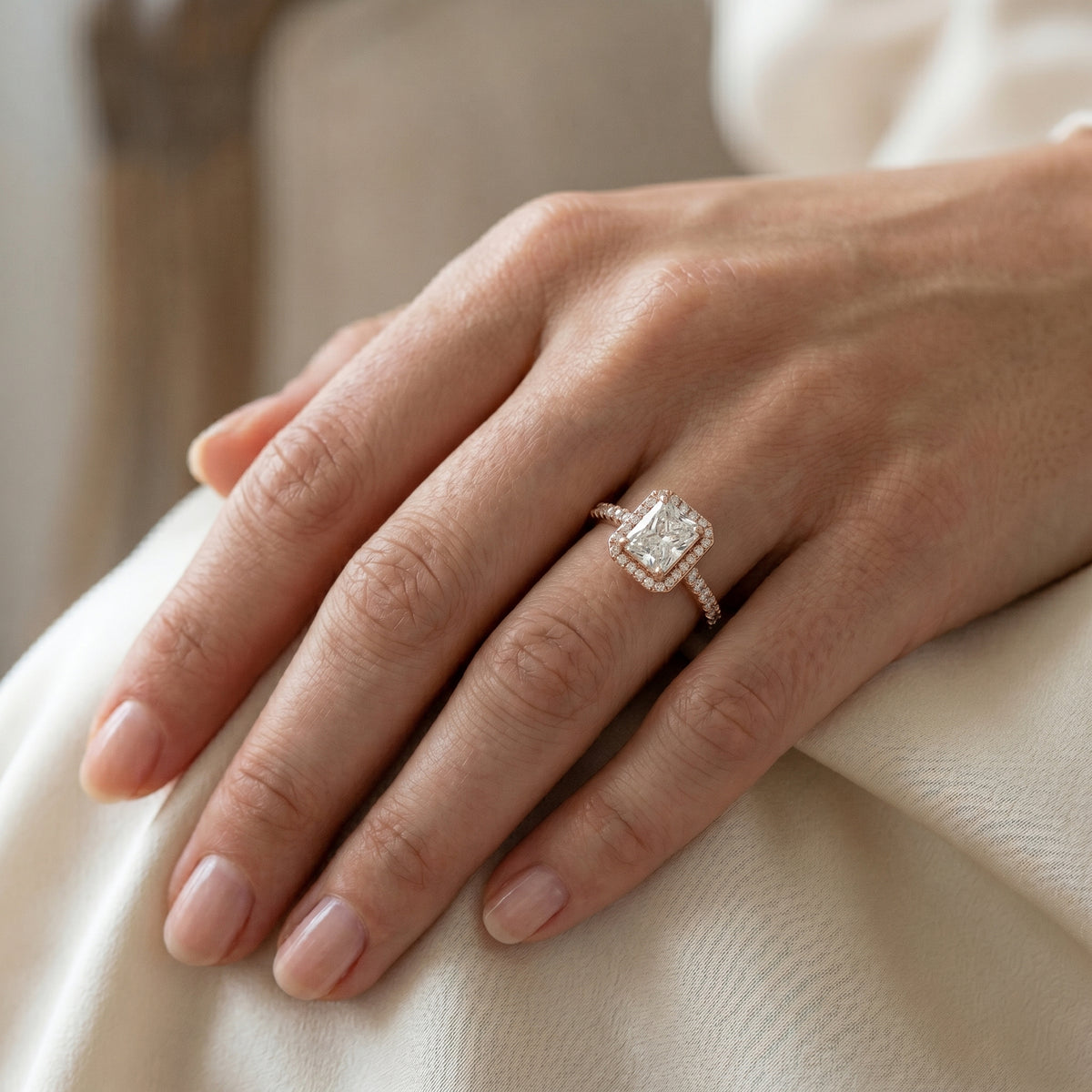 Radiant Cut Halo Engagement Ring with Pavé Band — lifestyle