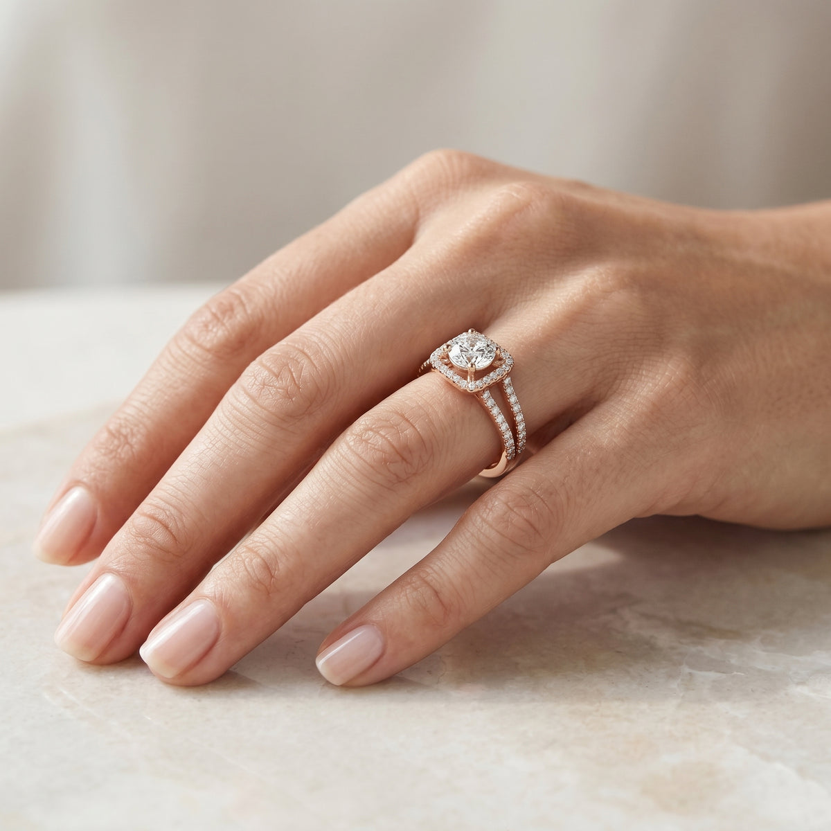Round Diamond Cushion Halo Engagement Ring with Split Shank Pavé Wrap — lifestyle