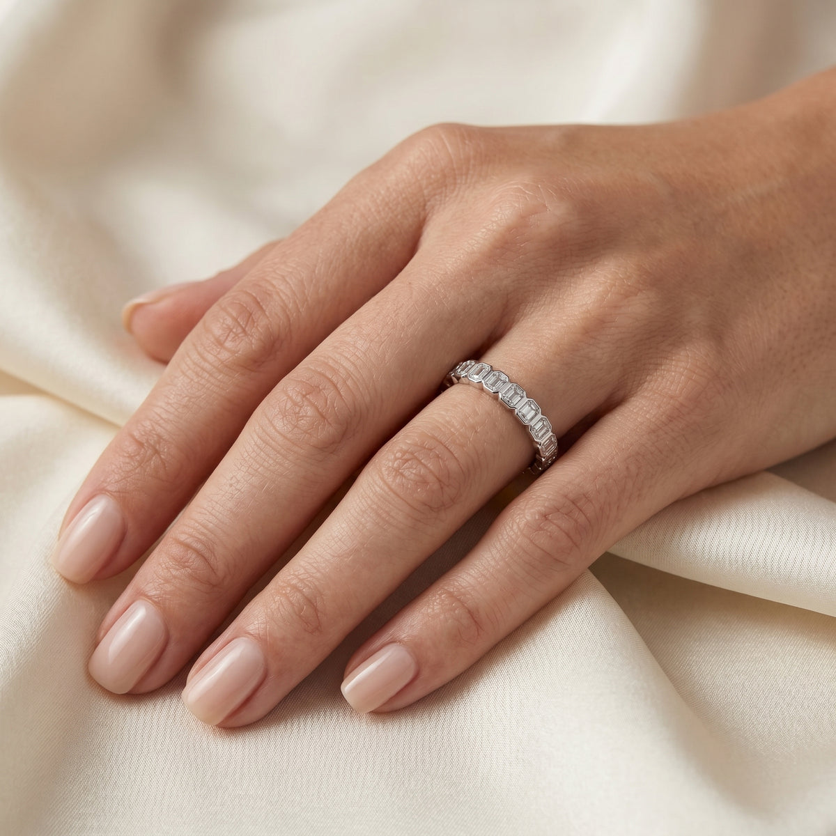 Asscher Cut Diamond Bezel Set Eternity Band — lifestyle