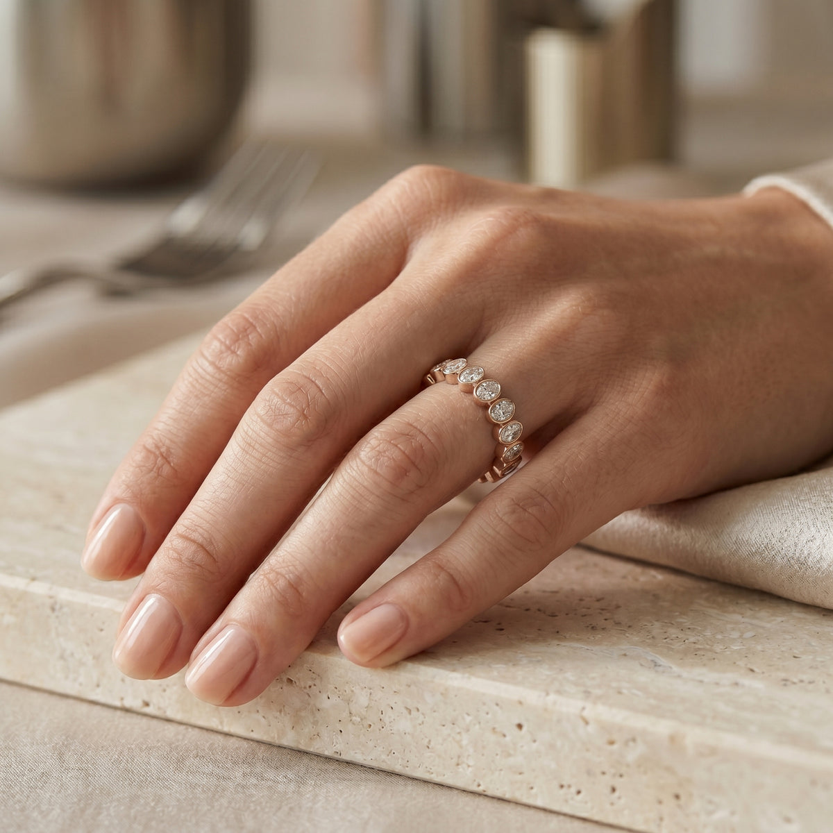 Oval Diamond Bezel Set Eternity Band — lifestyle