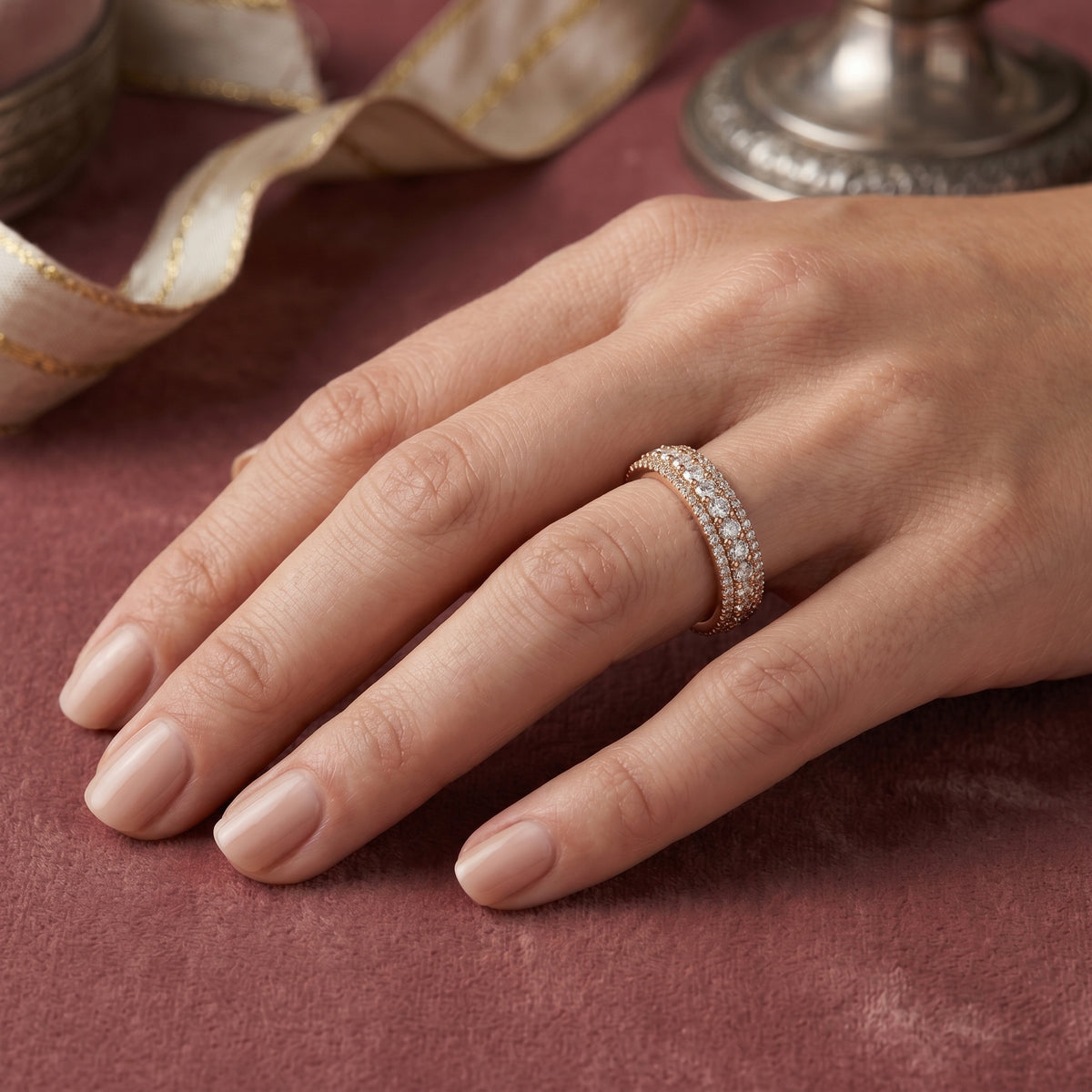 Round Diamond Wide Multi-Row Pavé Anniversary Band — lifestyle
