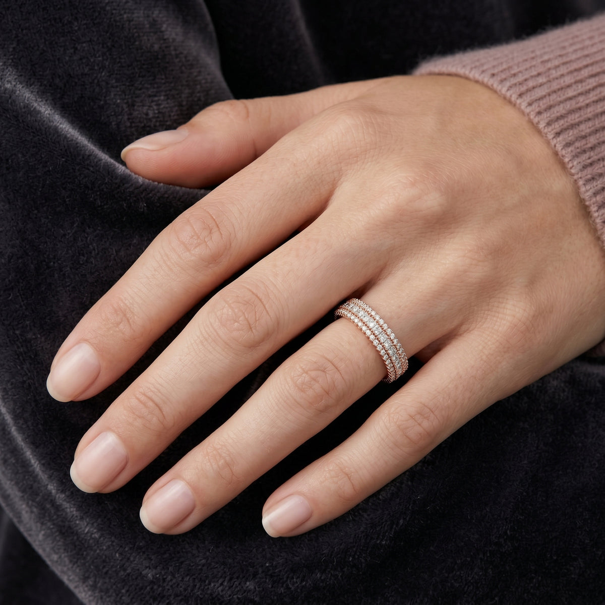 Round and Princess Diamond Wide Triple Row Anniversary Band — lifestyle
