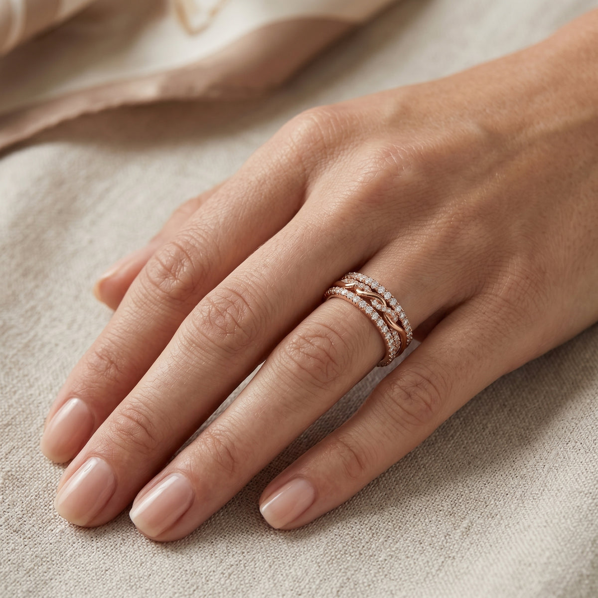 Round Diamond Triple Row Twisted Eternity Band — lifestyle