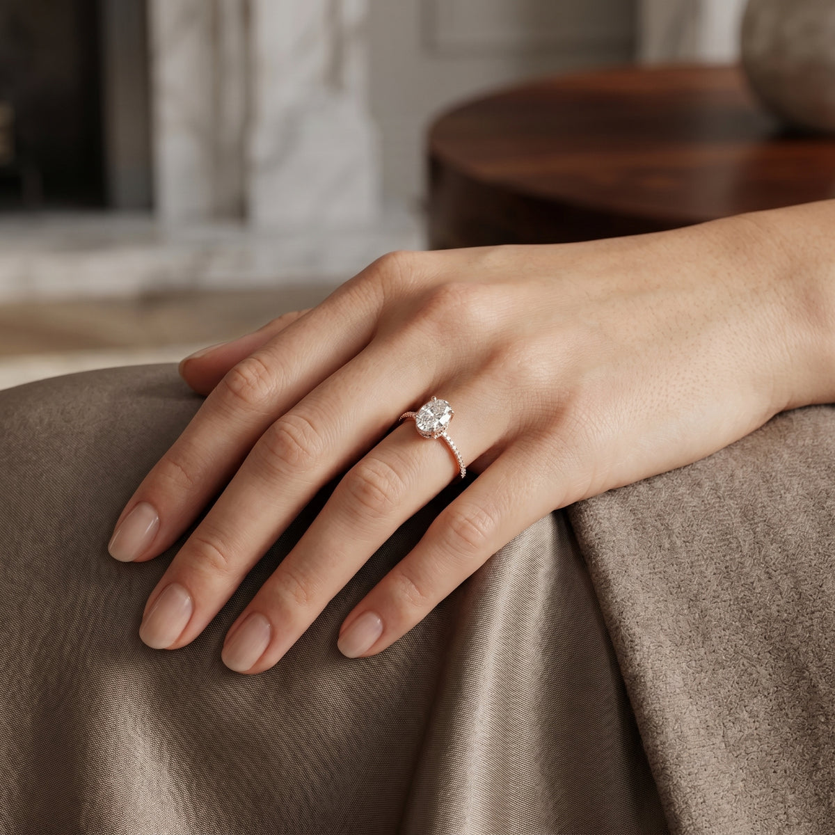 Oval Diamond Hidden Halo Engagement Ring with Pavé Band — lifestyle