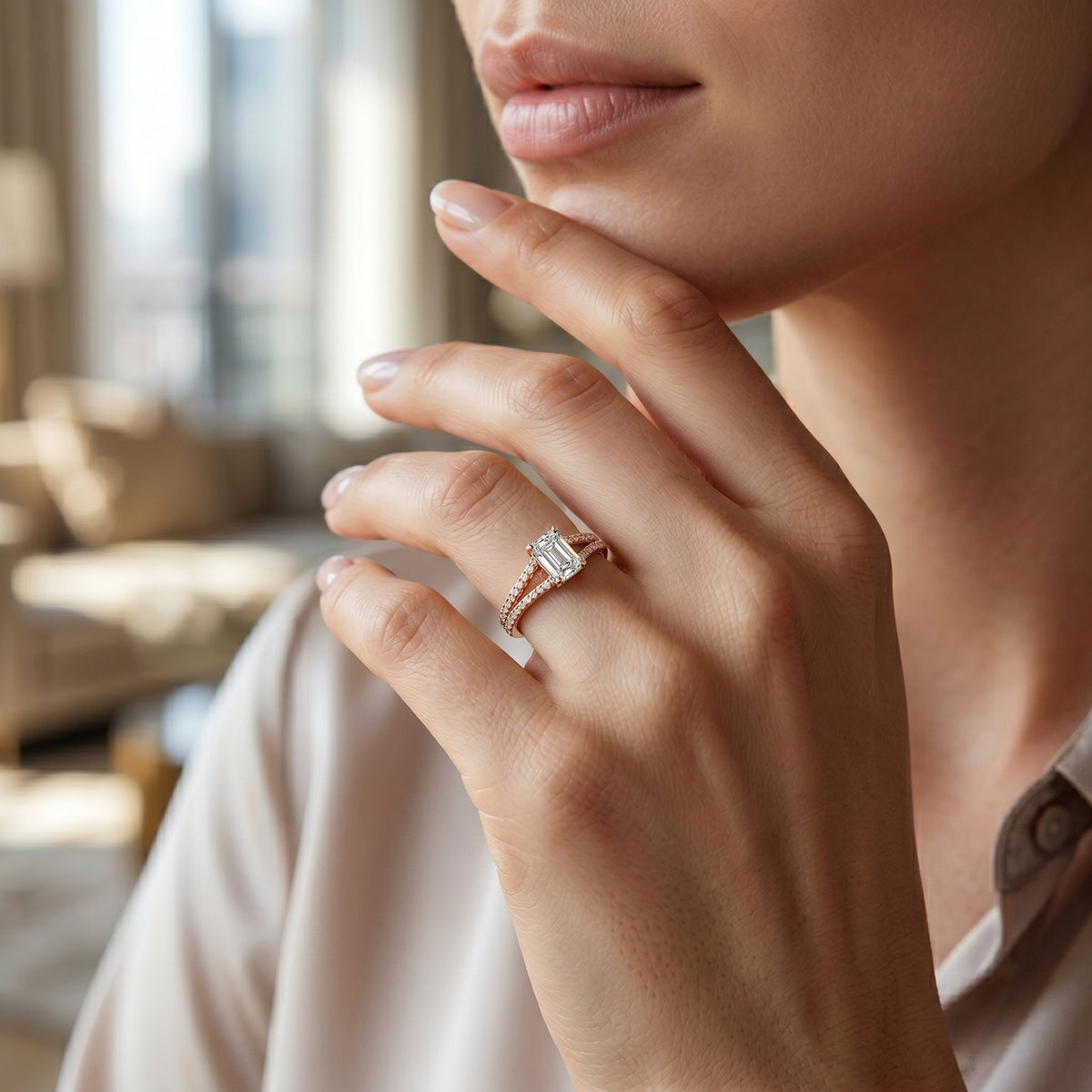 Radiant Cut Eight Prong Solitaire Engagement Ring — lifestyle