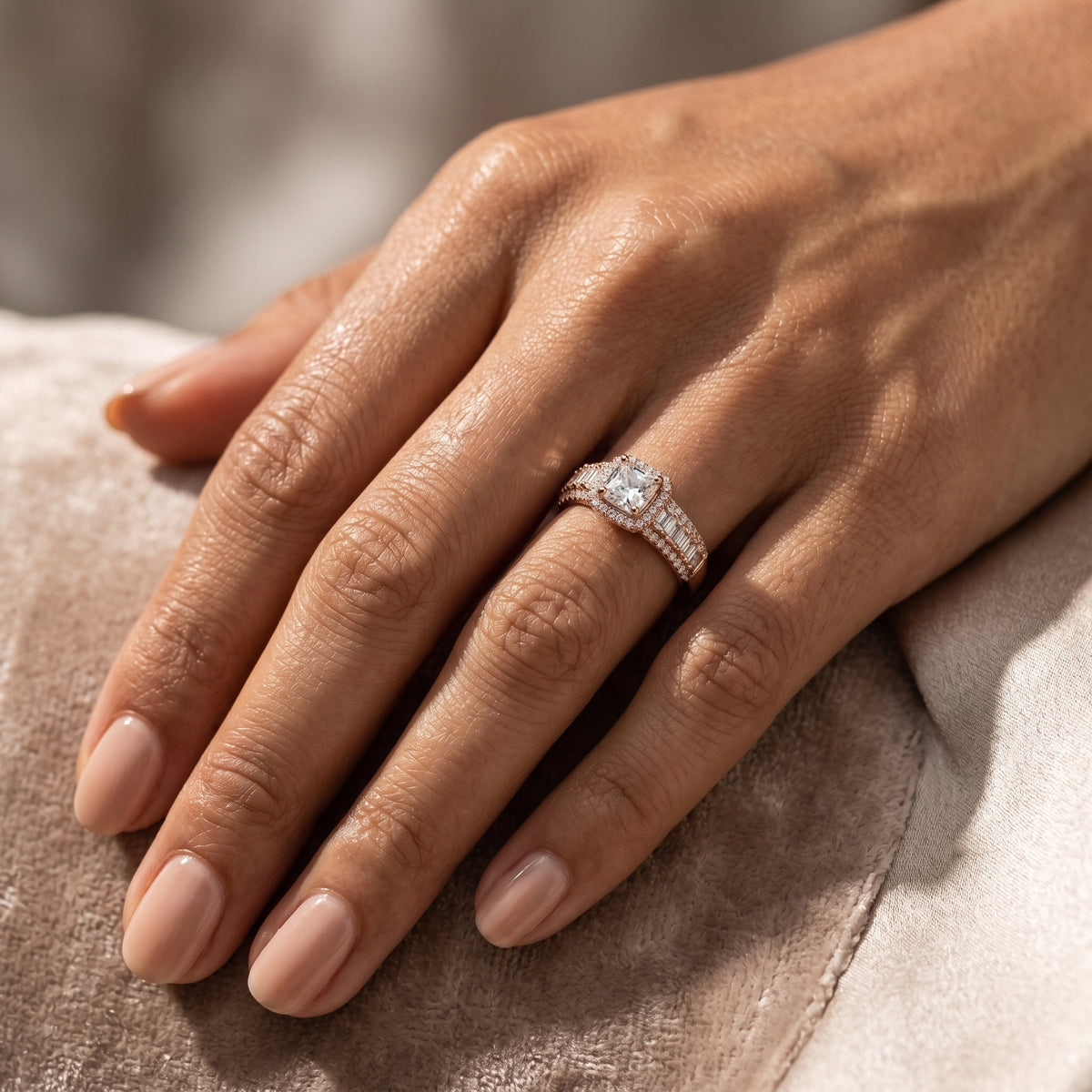 Asscher Cut Halo Engagement Ring with Vertical Baguette Sides and Pavé Band