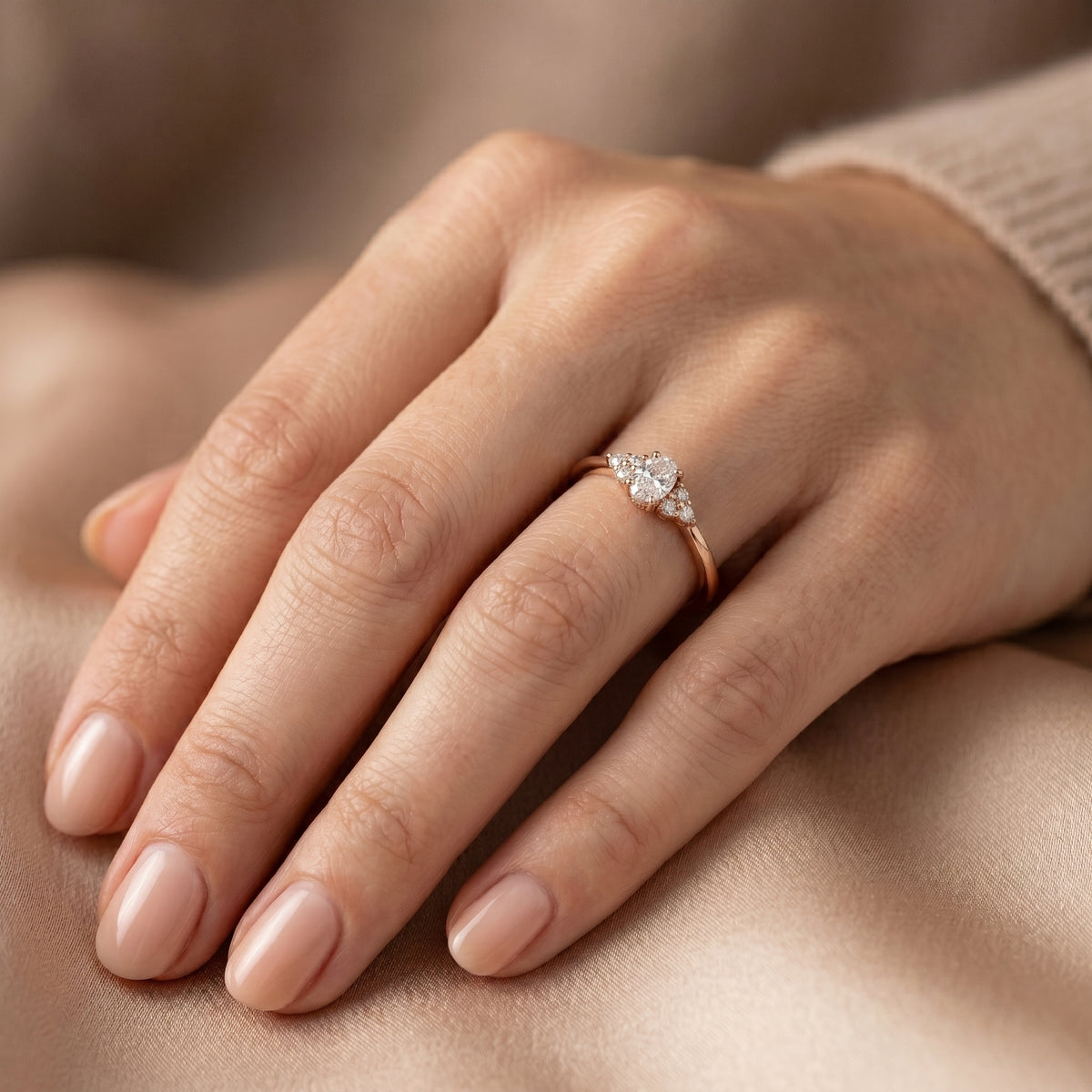 Oval Diamond Three Stone Engagement Ring with Pear Sides — lifestyle