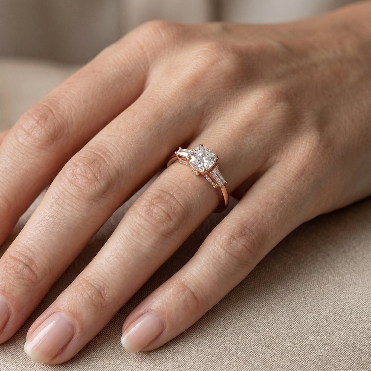 Cushion Cut Engagement Ring with Tapered Baguette Side Accents
