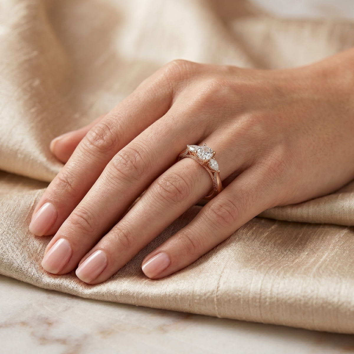 Cushion Cut Three Stone Engagement Ring with Trilliant Sides and Pavé Band — lifestyle