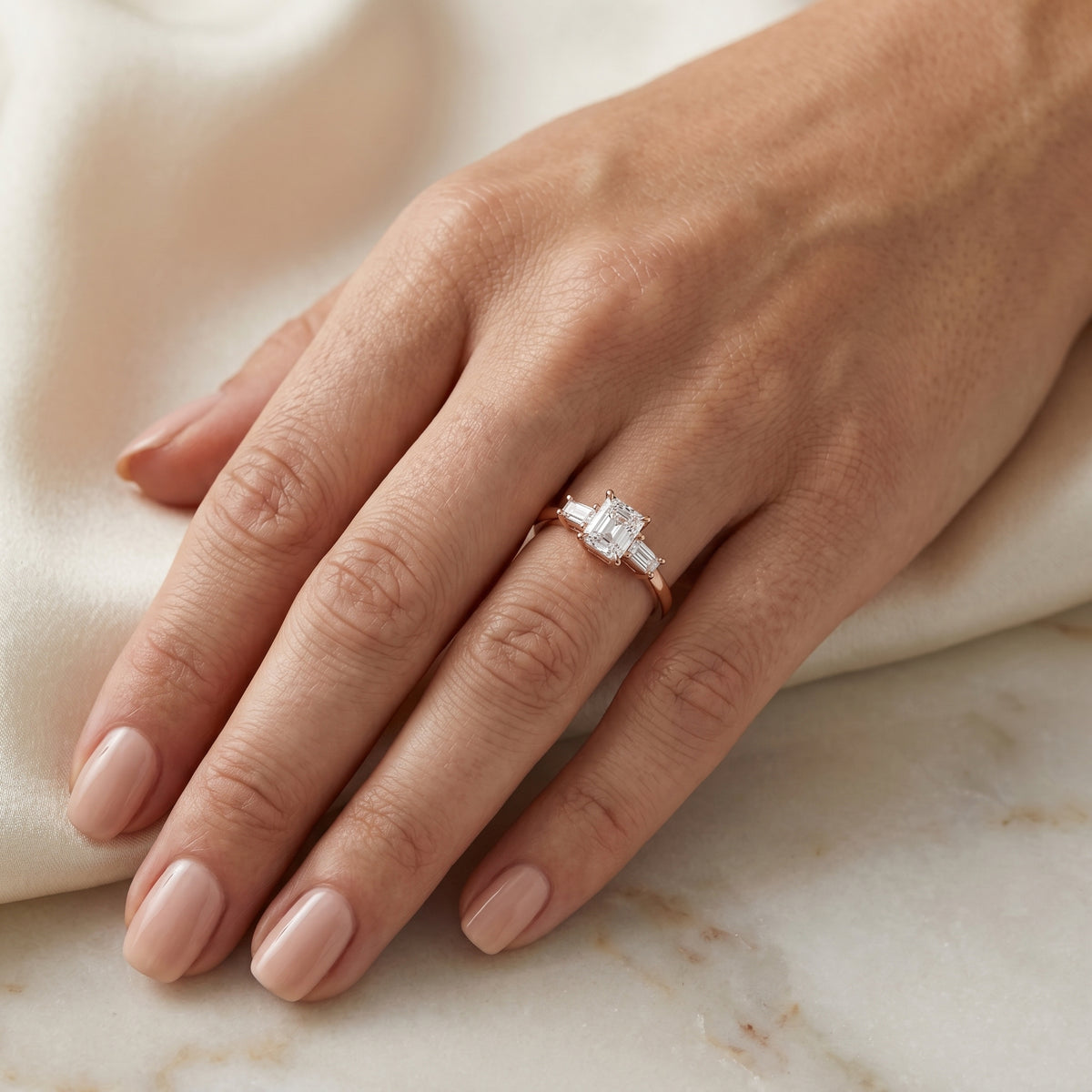 Radiant Cut Three Stone Engagement Ring with Emerald Cut Sides