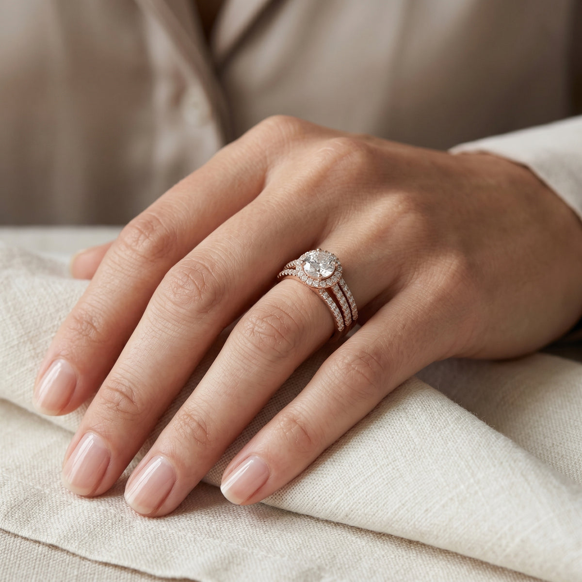 Round Diamond Halo Engagement Ring with Wide Multi-Row Pavé Split Shank Band — lifestyle
