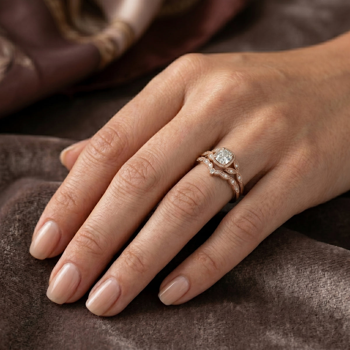 Cushion Cut Engagement Ring with Pavé Band and Milgrain Detail — lifestyle