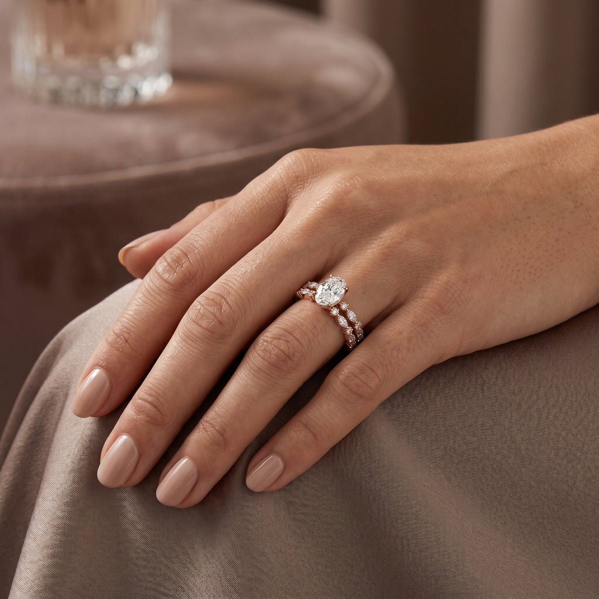 Oval Diamond Engagement Ring with Marquise and Round Vine Cluster Double Band — lifestyle