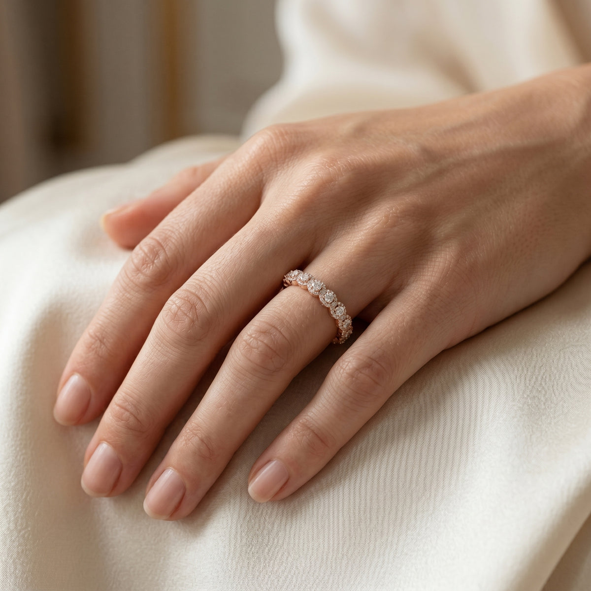 Round Diamond Cluster Halo Eternity Band — lifestyle
