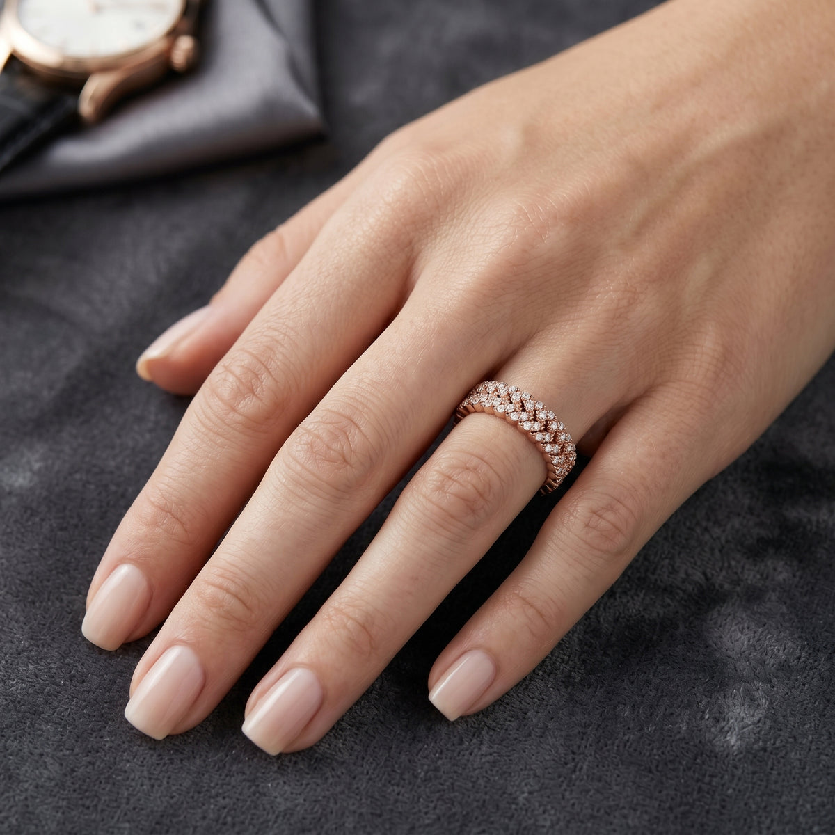 Round Diamond Twisted Multi-Row Pavé Eternity Band — lifestyle