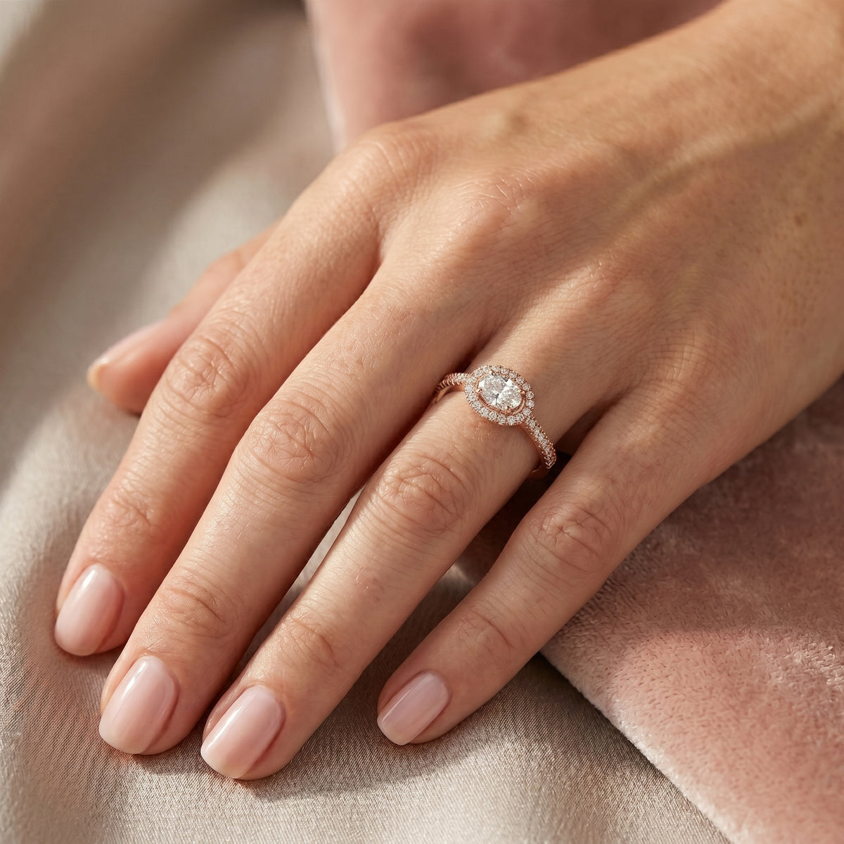 Oval Diamond Scalloped Halo Engagement Ring with Pavé Band — lifestyle