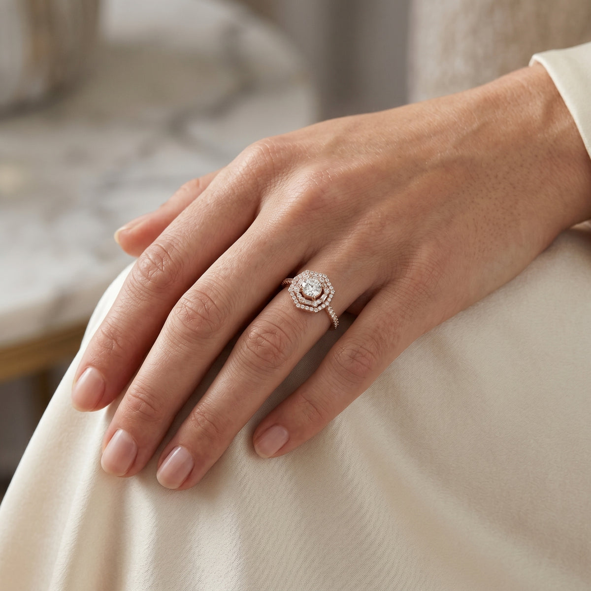 Round Diamond Octagonal Halo Engagement Ring with Pavé Band — lifestyle