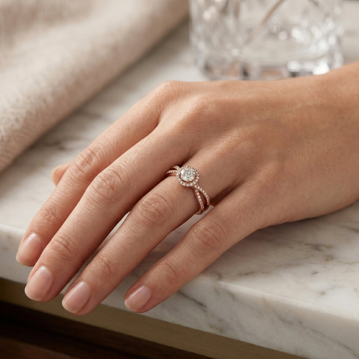 Round Diamond Sculpted Halo Engagement Ring with Crossover Pavé Shank — lifestyle