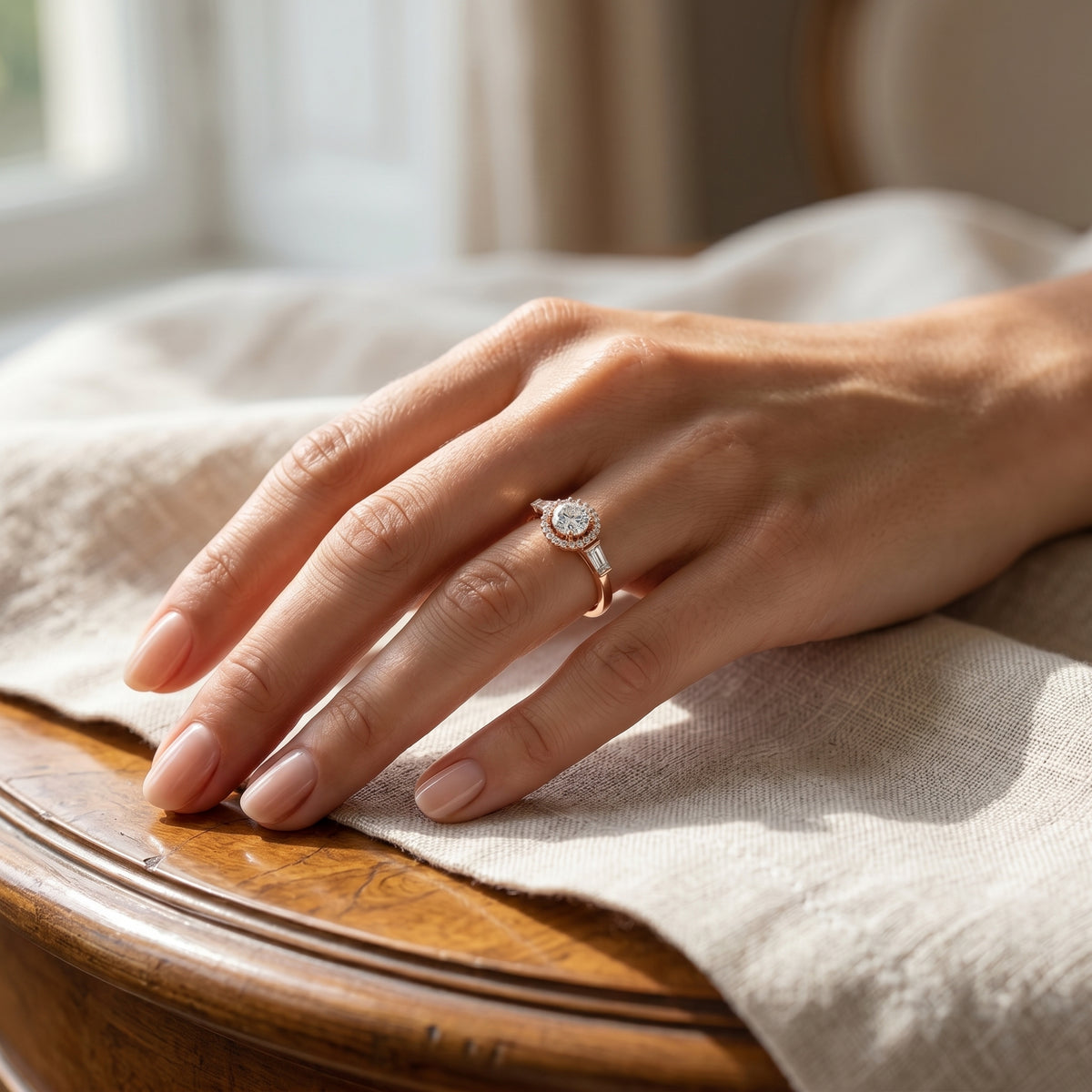 Round Diamond Halo Three Stone Engagement Ring with Baguette Sides — lifestyle