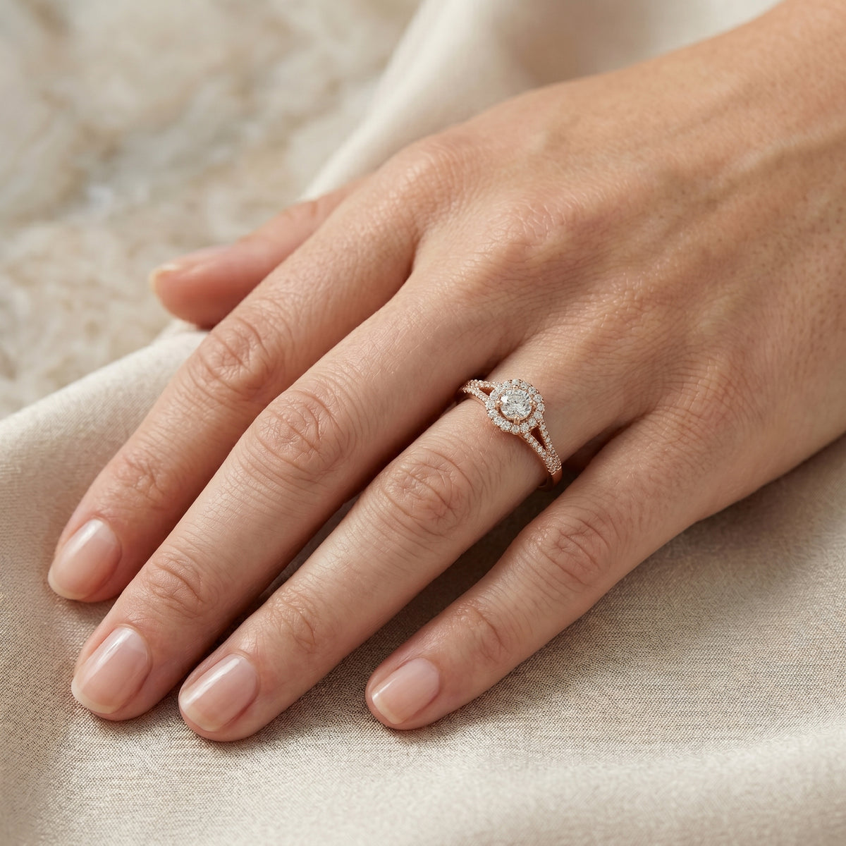 Round Diamond Floral Halo Engagement Ring with Split Shank Pavé Band — lifestyle