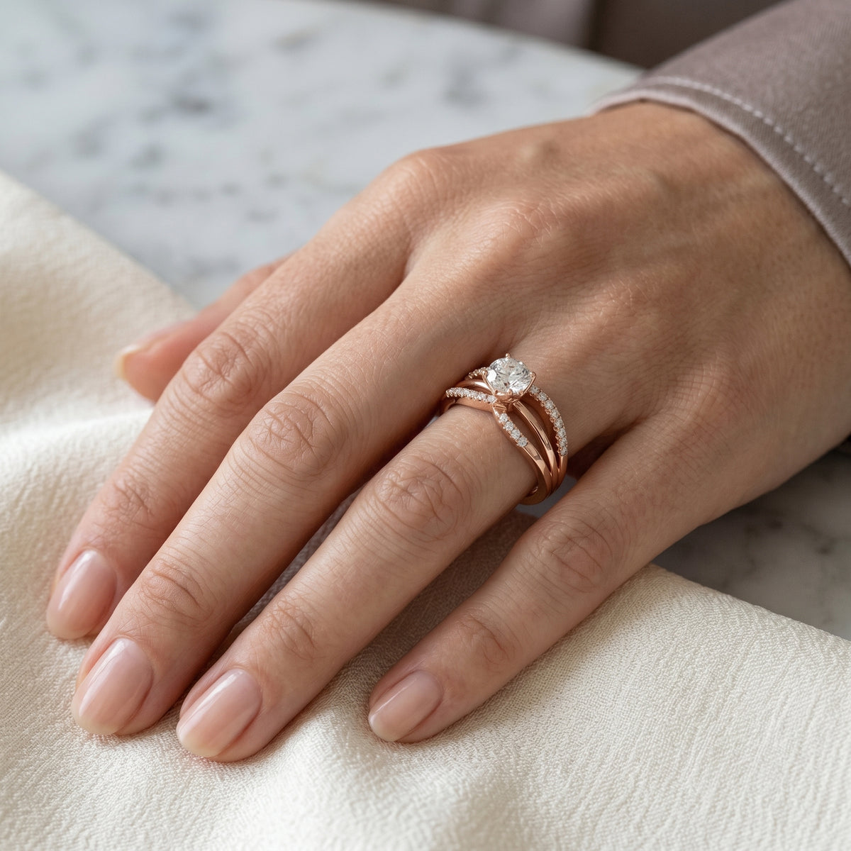 Round Diamond Engagement Ring with Half Eternity Claw Set Band — lifestyle