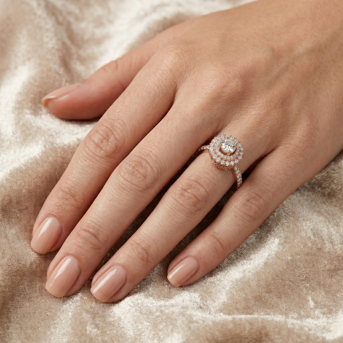 Round Diamond Double Halo Engagement Ring with Decorative Pavé Band — lifestyle