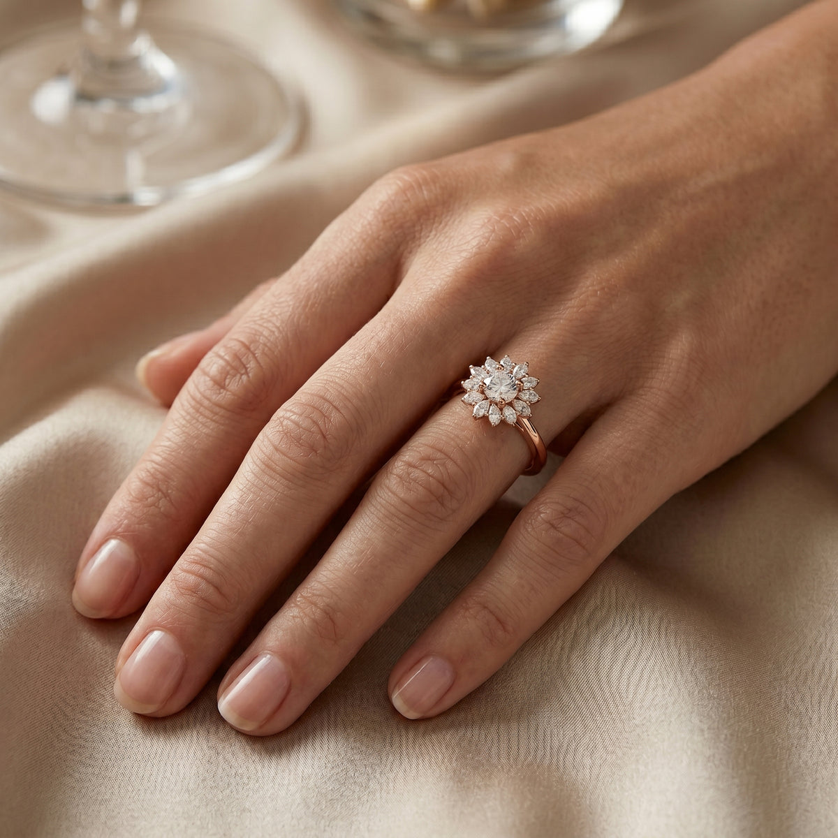 Round Diamond Floral Halo Engagement Ring — lifestyle