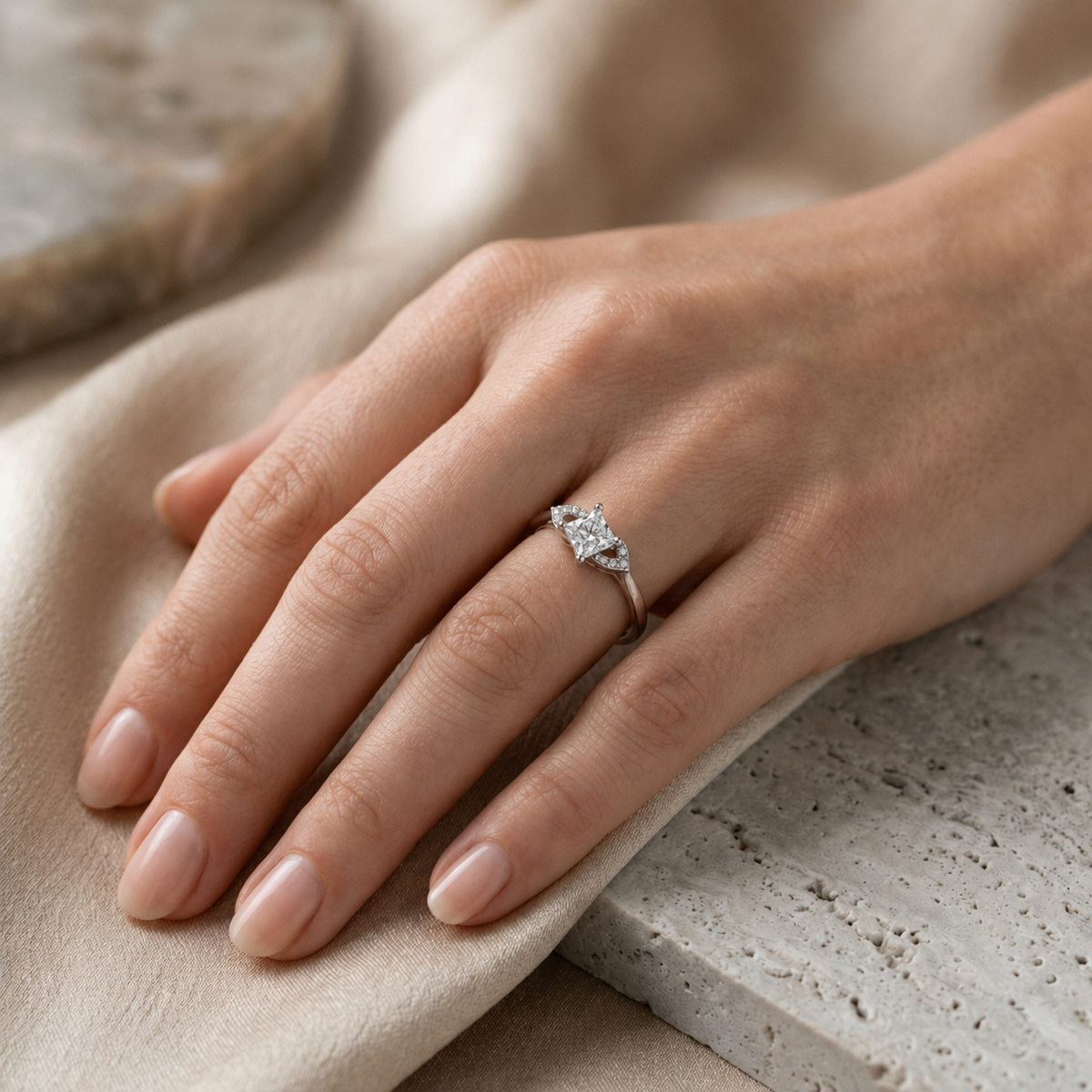 Princess Cut Diamond Leaf Accent Engagement Ring