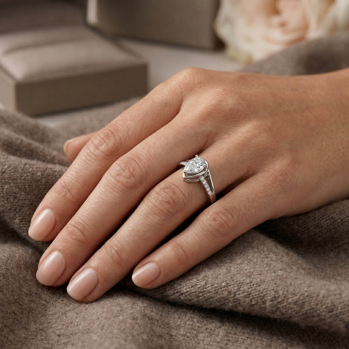 Pear Diamond Engagement Ring with Pavé Band — lifestyle